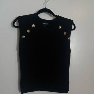 Express Black Ribbed Sleeveless Vest Tank with Gold Button Accents
